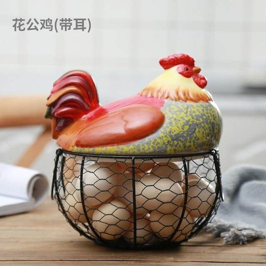 Ceramic Egg Holder Chicken with Wire Basket - MaviGadget