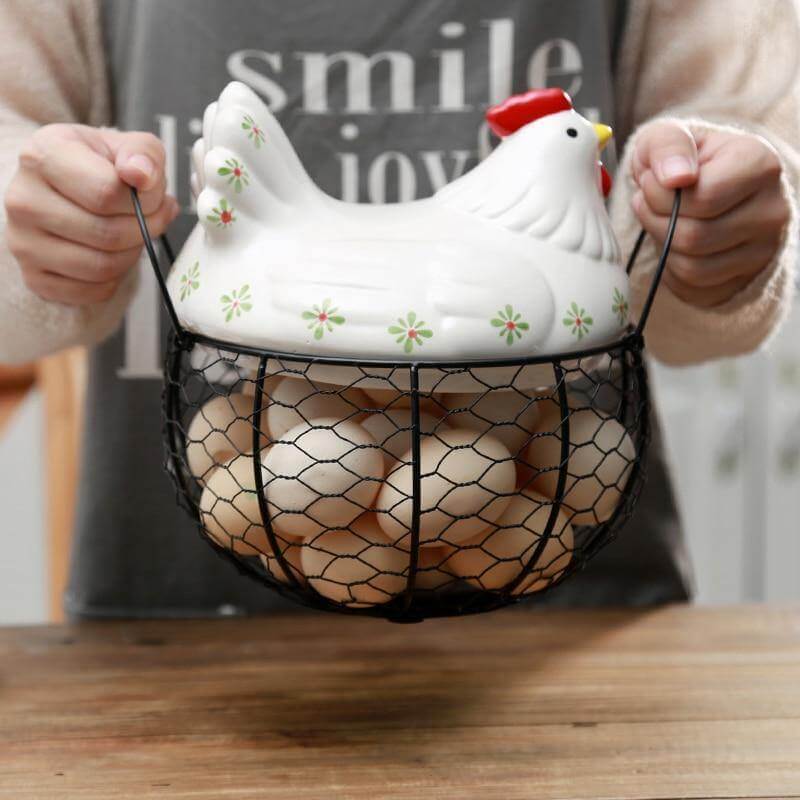 Ceramic Egg Holder Chicken with Wire Basket - MaviGadget