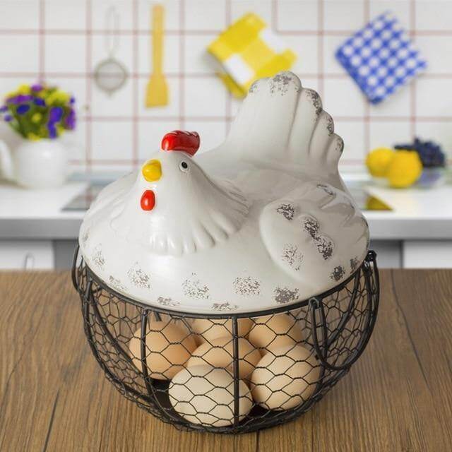 Ceramic Egg Holder Chicken with Wire Basket - MaviGadget